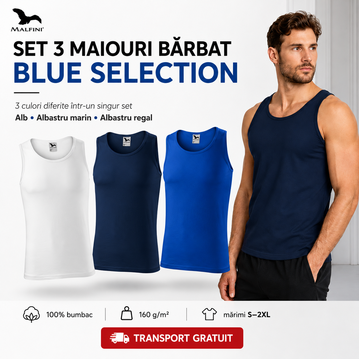 Set 3 maiouri bărbat Blue Selection alb albastru marin albastru regal 100% bumbac maieu sport tricou fără m&acirc;neci